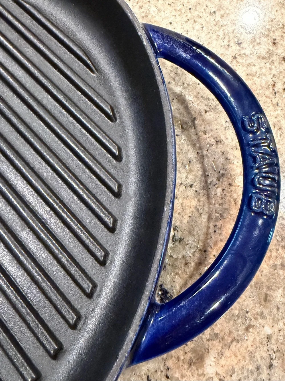 Staub Blue Cast Iron Grill Pan with Black Ridged Surface